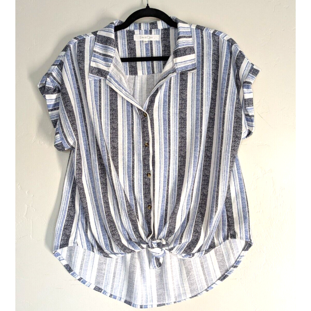 Eden & Olivia Blue White Gray Striped Tie-Front Blouse